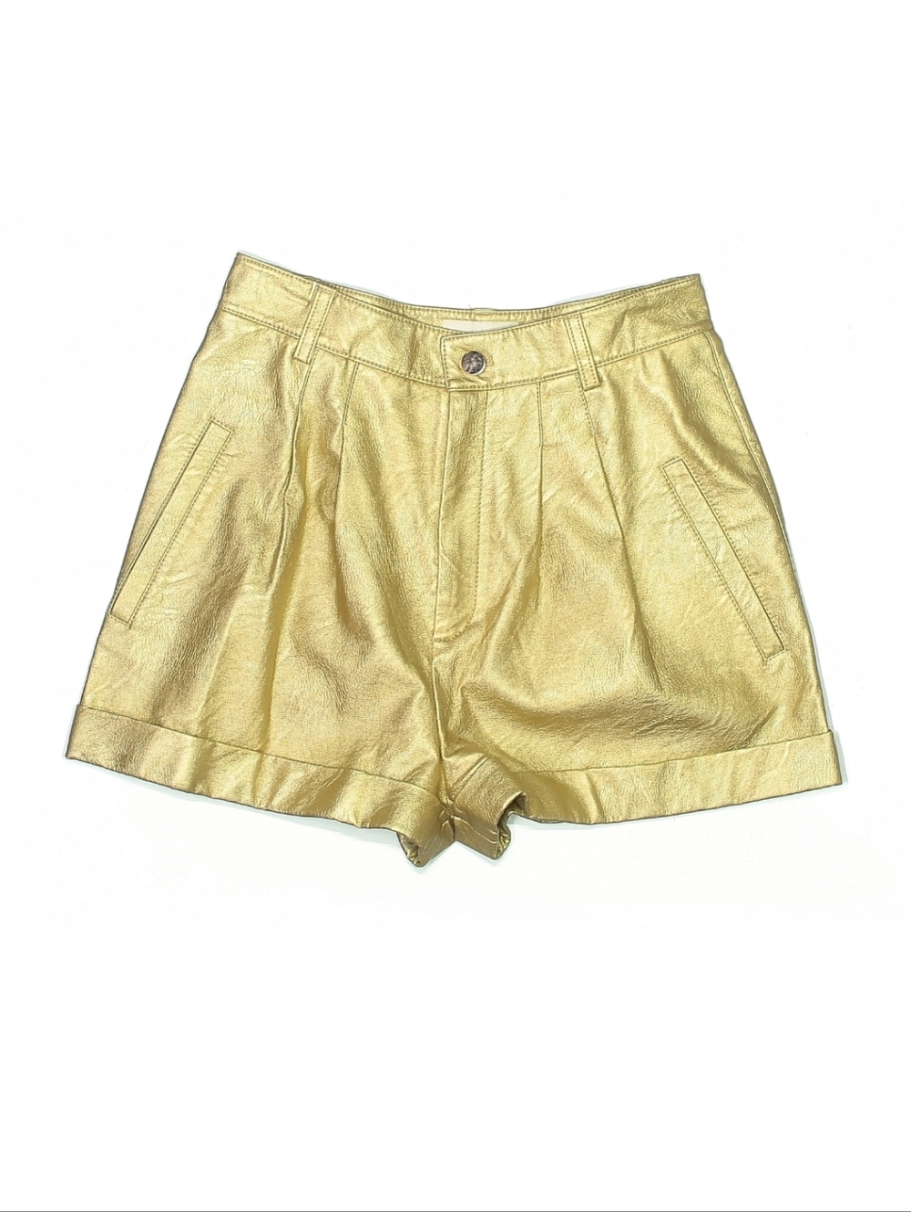 Divine Heritage Vegan Leather Metallic‎ Gold High-Waist Cuffed Shorts